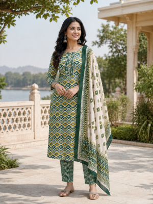 Green Ikat Printed Kurta Pant and Dupatta Set