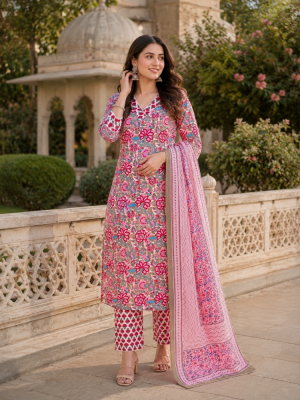 Beige Printed Kurta Pant and Dupatta Set