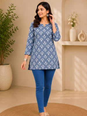 Grey Printed Short Straight Kurti Top
