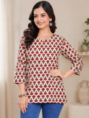 Cream Printed Short Straight Kurti Top