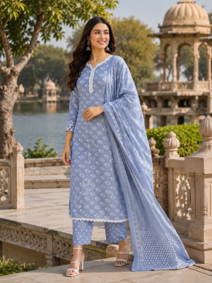 Grey Printed Kurta Pant and Dupatta Set