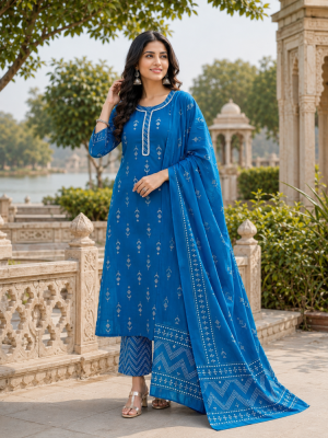 Blue Printed Kurta Pant and Dupatta Set