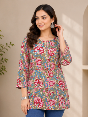 Beige Printed Short Straight Kurti Top