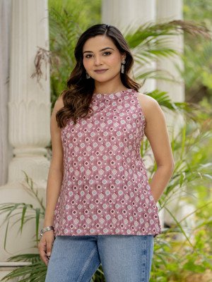 Brown Printed Sleeveless Office Wear Top