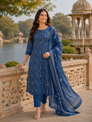Royal blue Printed Kurta Pant and Dupatta Set