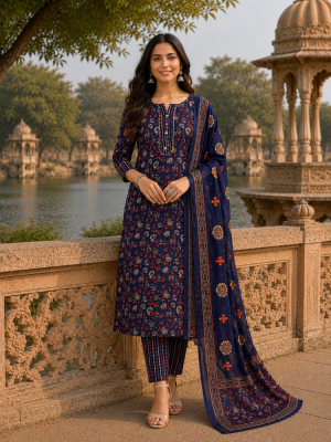 Blue Printed Kurta Pant and Dupatta Set