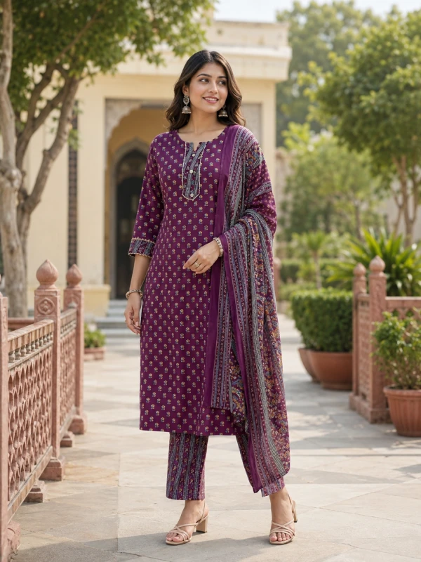 Purple Printed Kurta Pant and Dupatta Set